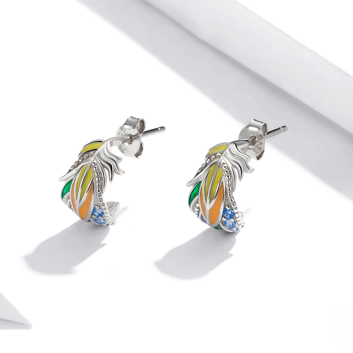 Sterling Silver Coloured Stylish Feathers Stud Hypoallergenic Earrings