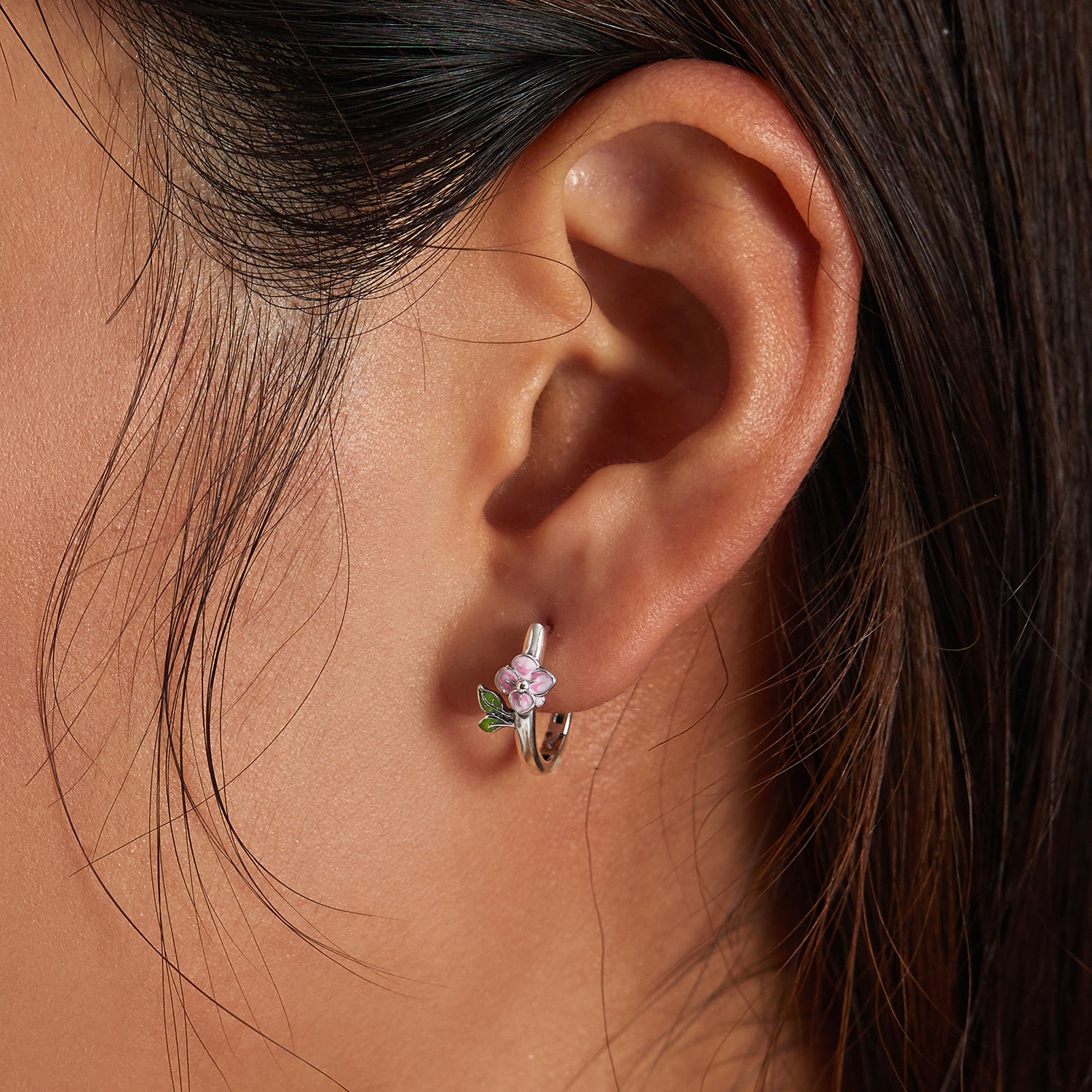Sterling Silver Pink Cherry Blossom Hoop Hypoallergenic Earrings
