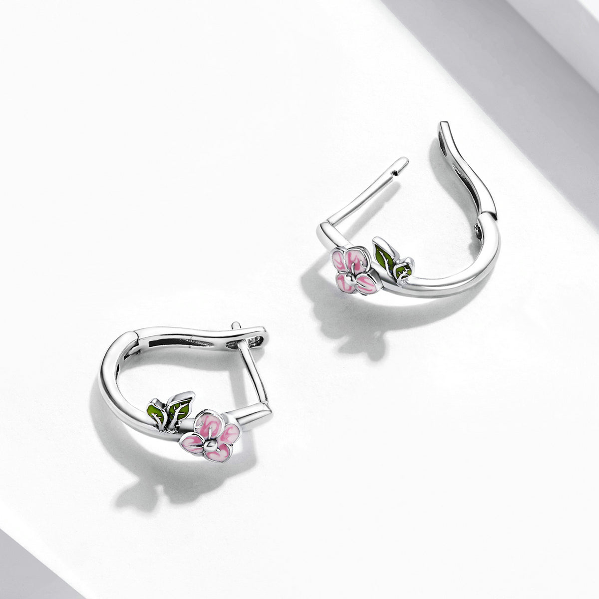 Sterling Silver Pink Cherry Blossom Hoop Hypoallergenic Earrings