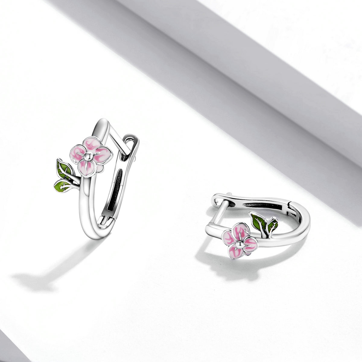 Sterling Silver Pink Cherry Blossom Hoop Hypoallergenic Earrings