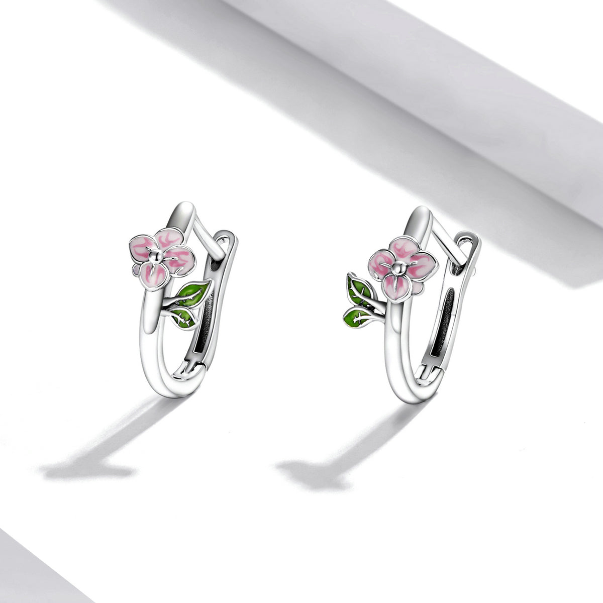 Sterling Silver Pink Cherry Blossom Hoop Hypoallergenic Earrings