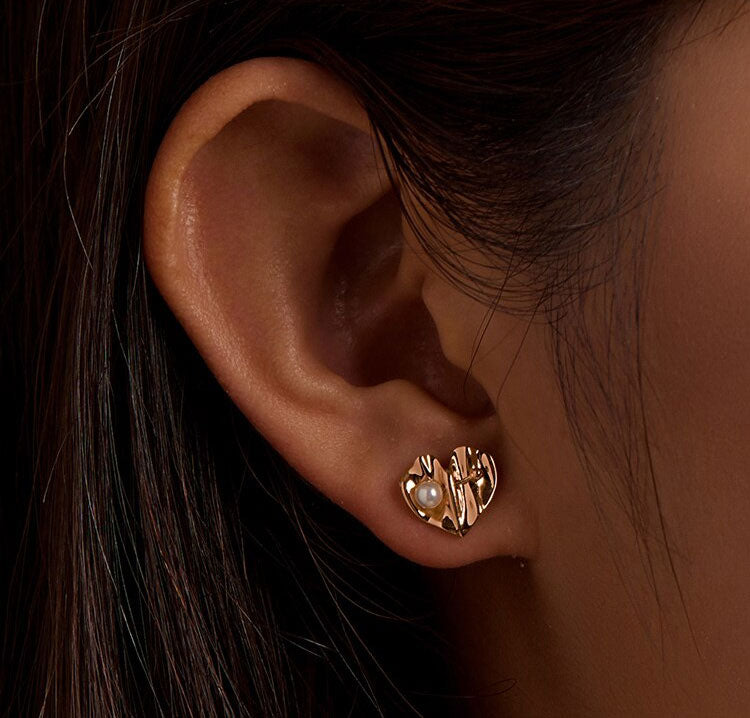 Sterling Silver Pearl Heart Stud Hypoallergenic Earrings