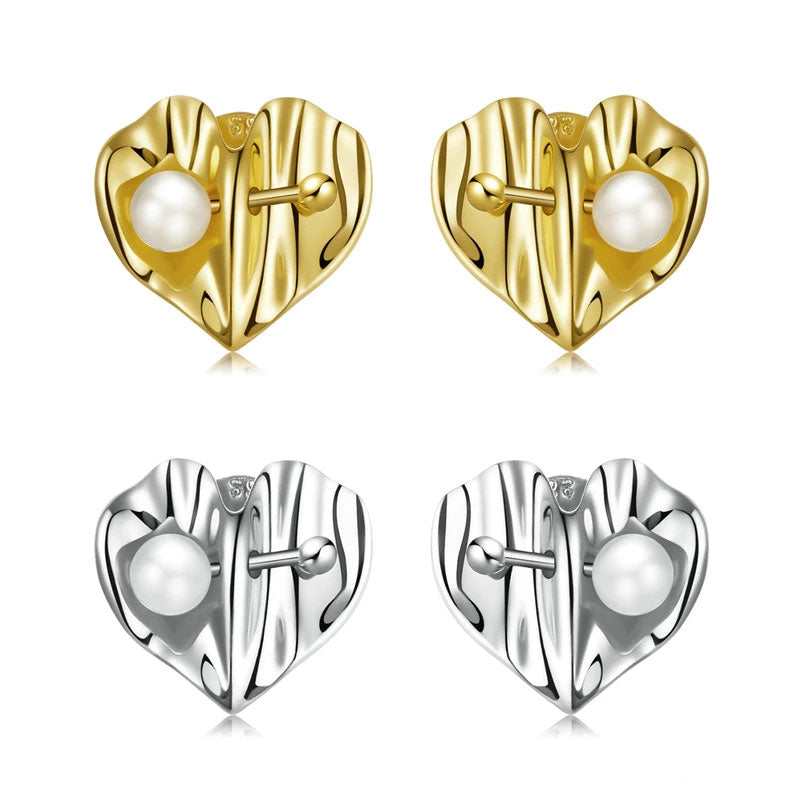 Sterling Silver Pearl Heart Stud Hypoallergenic Earrings