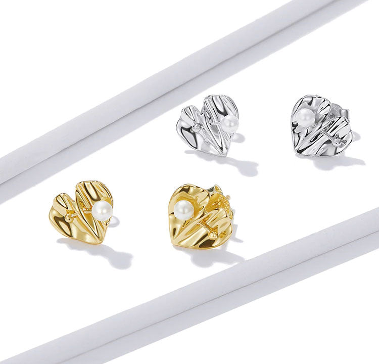Sterling Silver Pearl Heart Stud Hypoallergenic Earrings