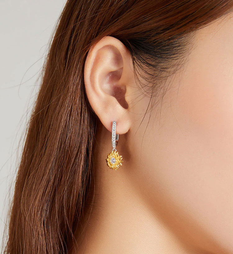 Sterling Silver Sunflower Drop Huggie Hypoallergenic Earrings