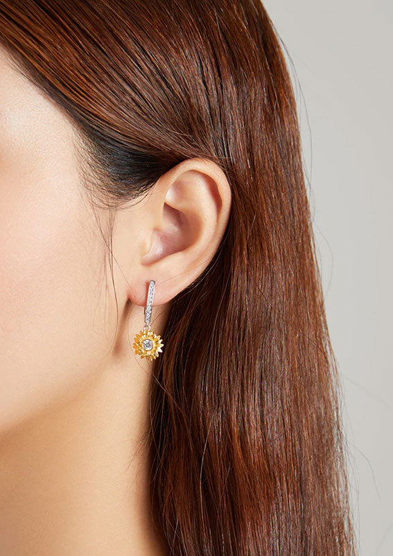 Sterling Silver Sunflower Drop Huggie Hypoallergenic Earrings