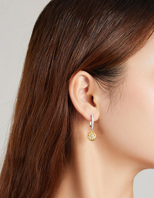 Sterling Silver Sunflower Drop Huggie Hypoallergenic Earrings