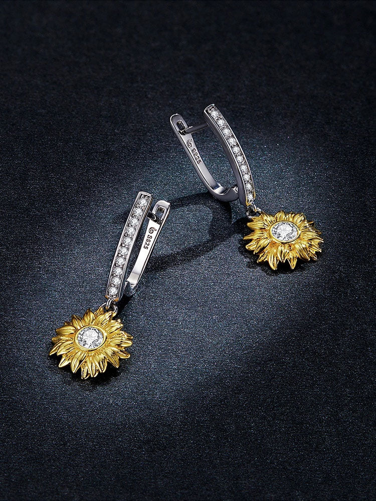 Sterling Silver Sunflower Drop Huggie Hypoallergenic Earrings
