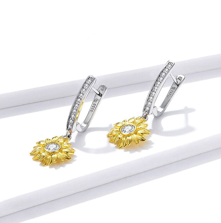 Sterling Silver Sunflower Drop Huggie Hypoallergenic Earrings