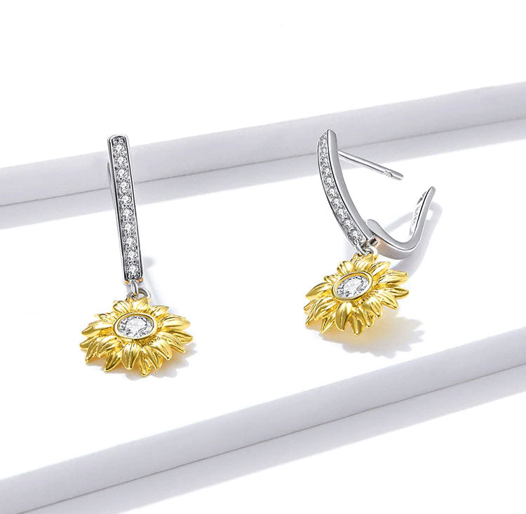 Sterling Silver Sunflower Drop Huggie Hypoallergenic Earrings