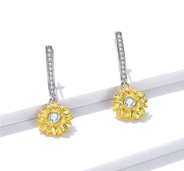 Sterling Silver Sunflower Drop Huggie Hypoallergenic Earrings