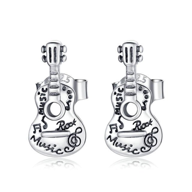 Sterling Silver Rock Music Guitar Stud Hypoallergenic Earrings