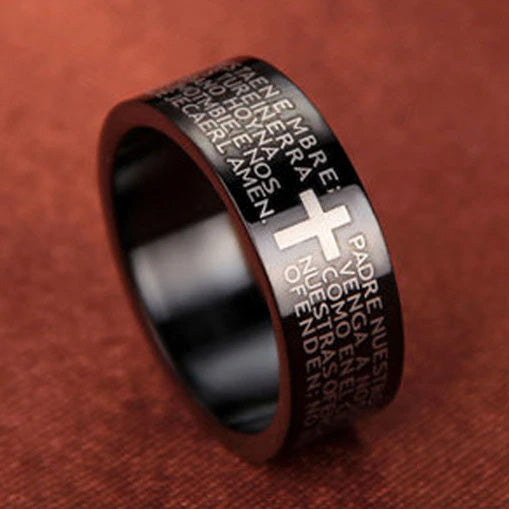 Stainless Steel Christian Cross Spanish Bible Black Ring
