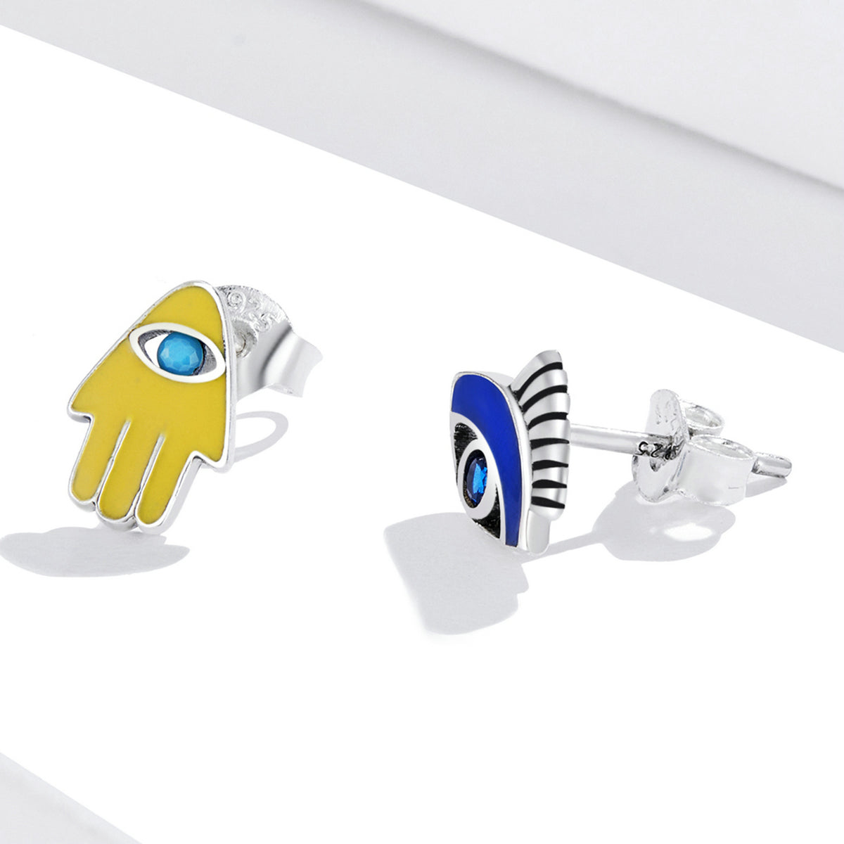 Sterling Silver Evil Eye & Lucky Hand Stud Hypoallergenic Earrings