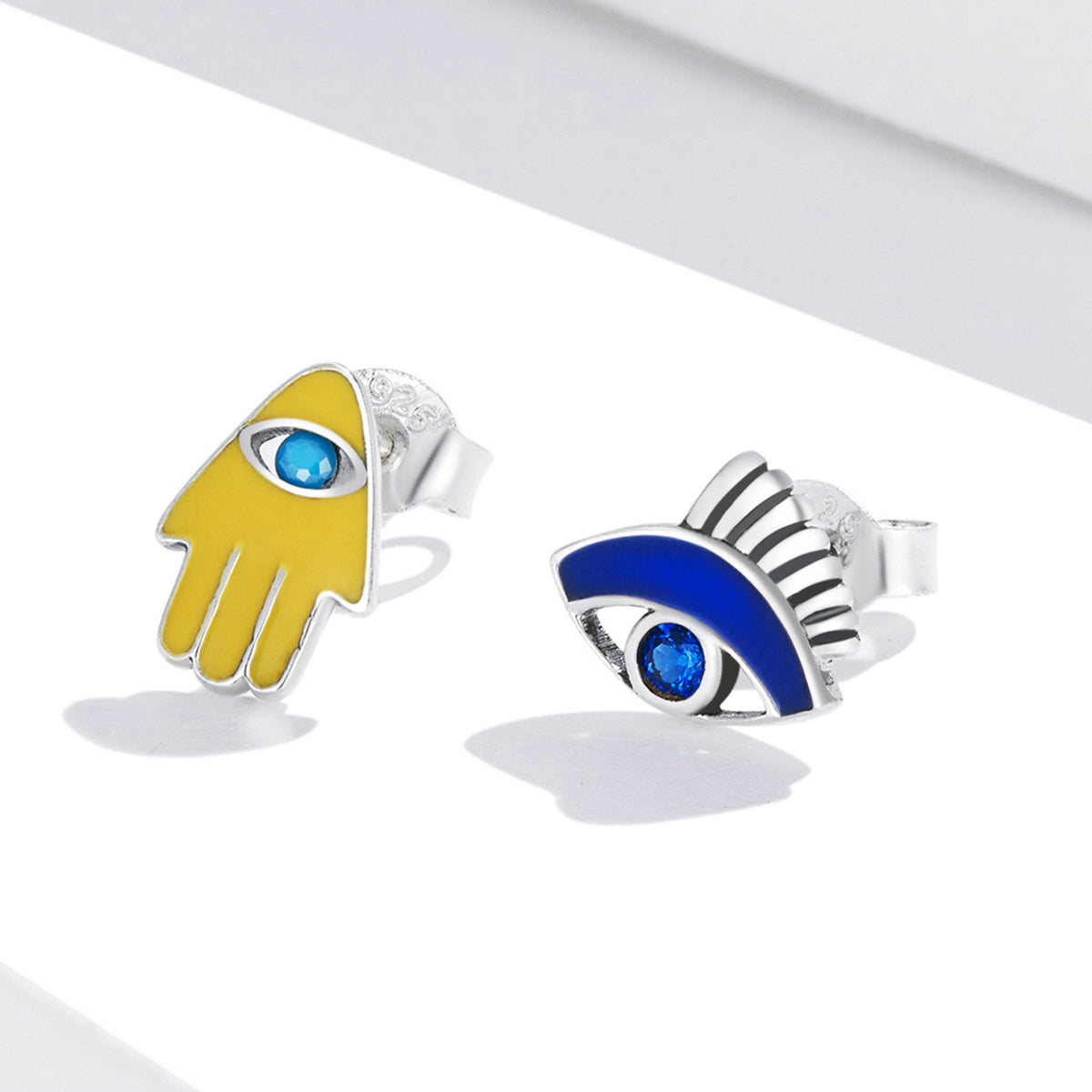 Sterling Silver Evil Eye & Lucky Hand Stud Hypoallergenic Earrings