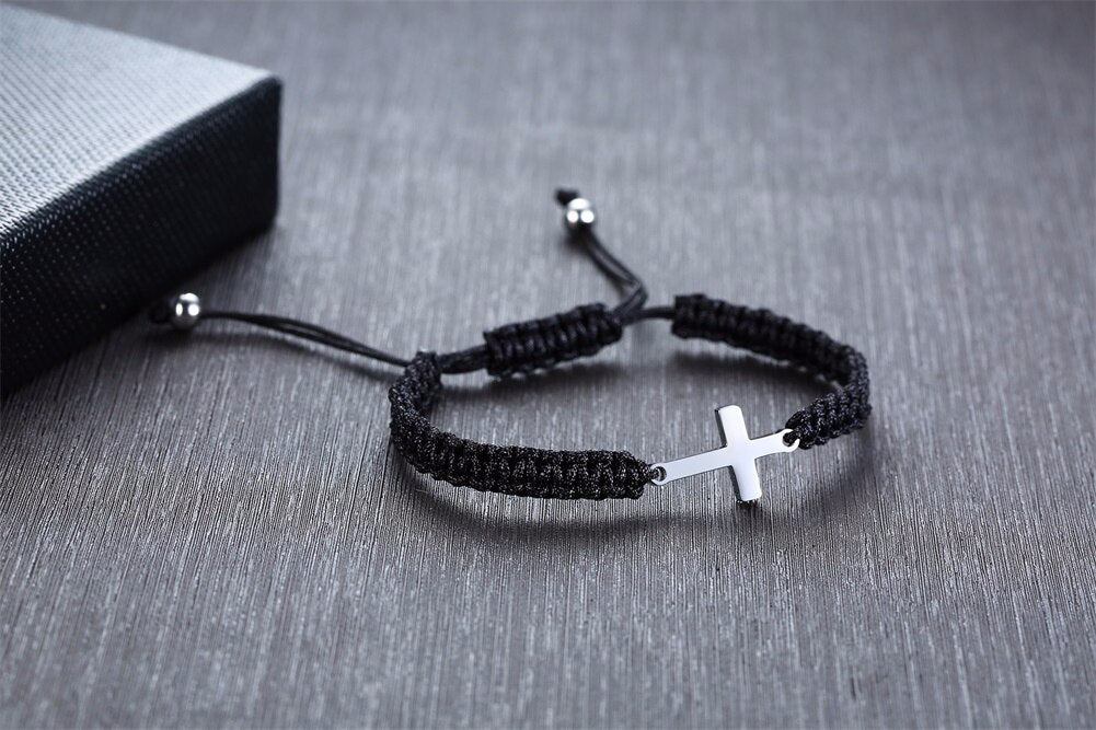 Stainless Steel Cross & Rope Braided Bracelet