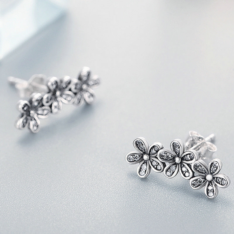 Sterling Silver Triple Daisy Flower Stud Hypoallergenic Earrings