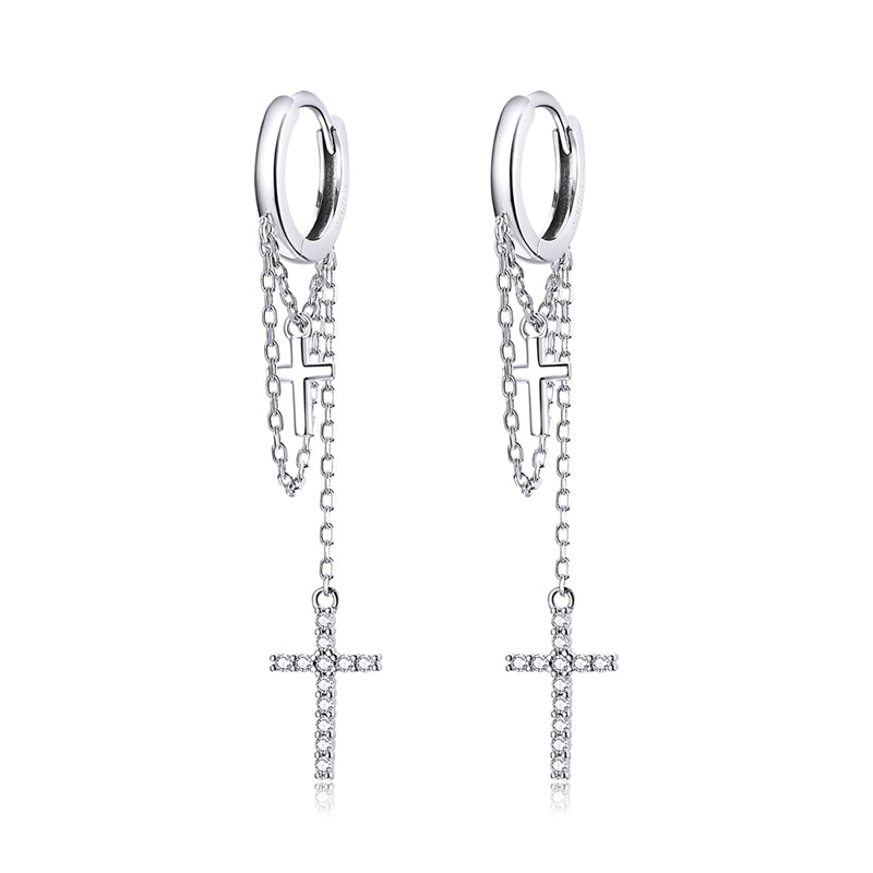 Sterling Silver Shine Cross Long Chain Drop Huggie Hypoallergenic Earrings