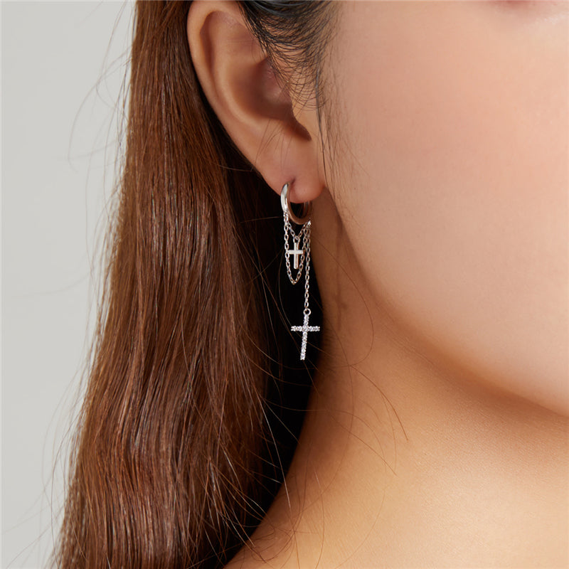 Sterling Silver Shine Cross Long Chain Drop Huggie Hypoallergenic Earrings