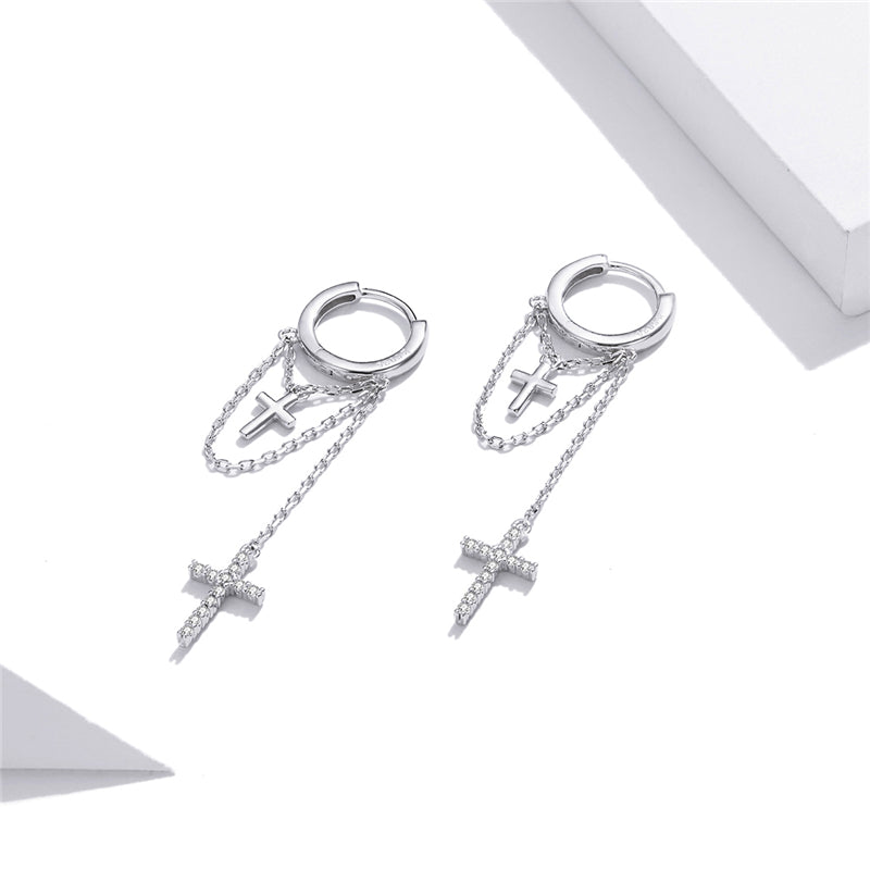 Sterling Silver Shine Cross Long Chain Drop Huggie Hypoallergenic Earrings