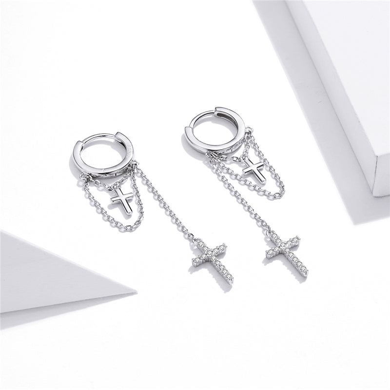 Sterling Silver Shine Cross Long Chain Drop Huggie Hypoallergenic Earrings