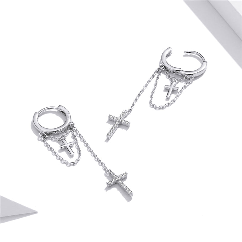 Sterling Silver Shine Cross Long Chain Drop Huggie Hypoallergenic Earrings