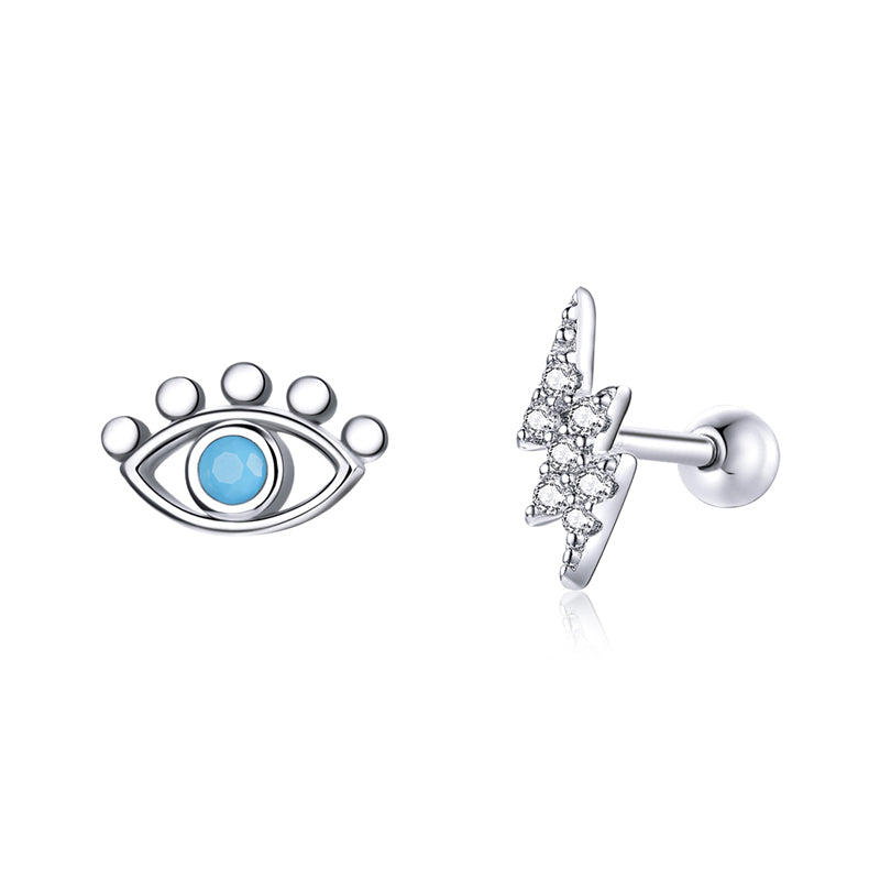 Sterling Silver Eye & Lightning Bolt Screw Stud Hypoallergenic Earrings
