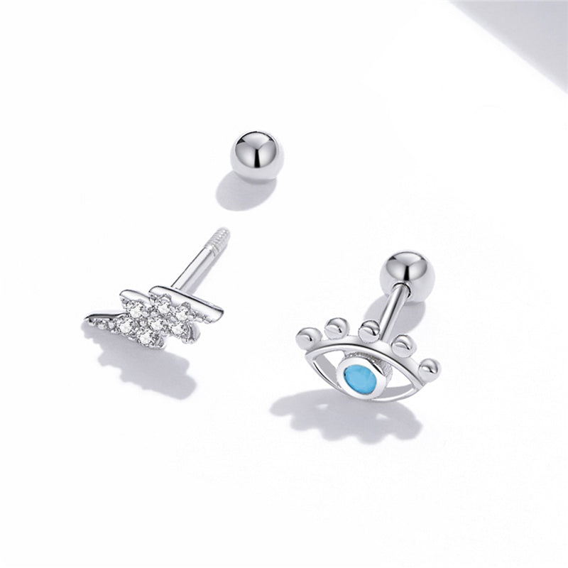 Sterling Silver Eye & Lightning Bolt Screw Stud Hypoallergenic Earrings