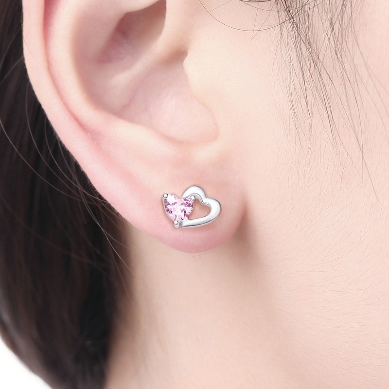 Sterling Silver Double Love Heart Stud Hypoallergenic Earrings
