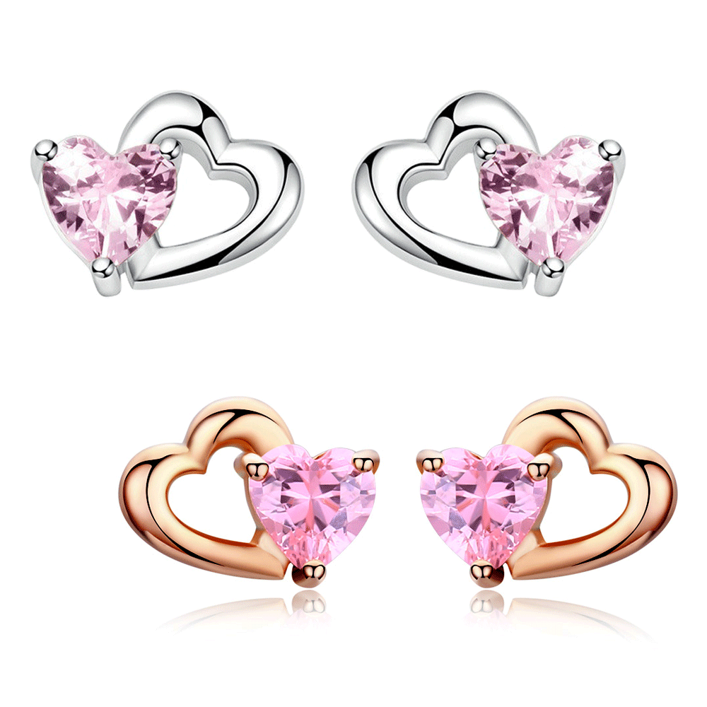 Sterling Silver Double Love Heart Stud Hypoallergenic Earrings