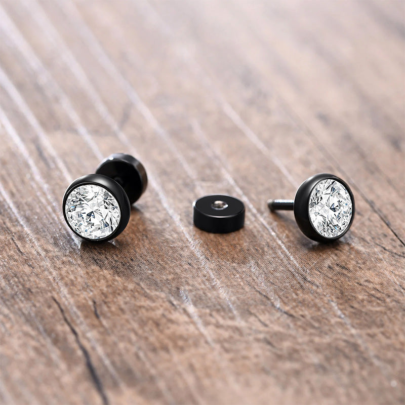 Stainless Steel Round Cubic Zirconia Screw Stud Earrings