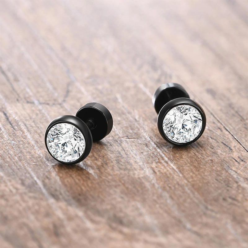 Stainless Steel Round Cubic Zirconia Screw Stud Earrings