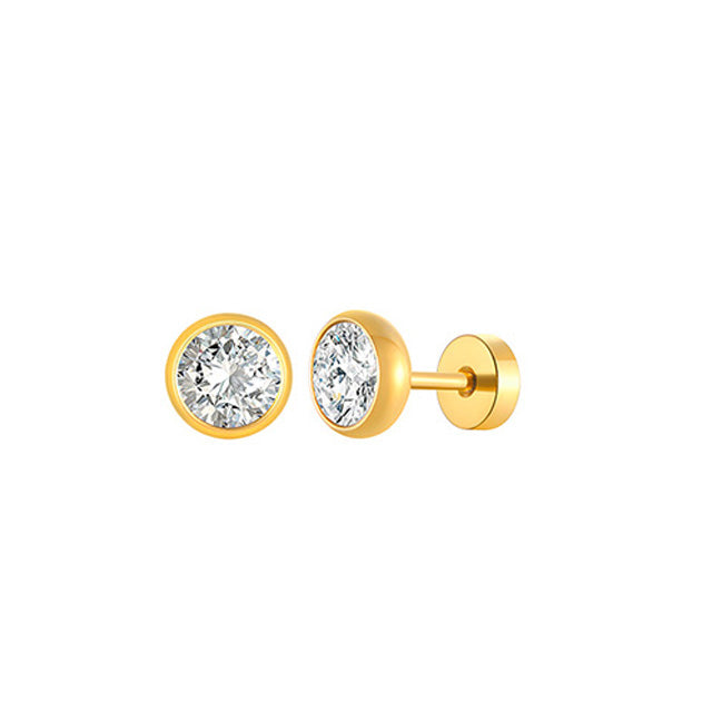 Stainless Steel Round Cubic Zirconia Screw Stud Earrings