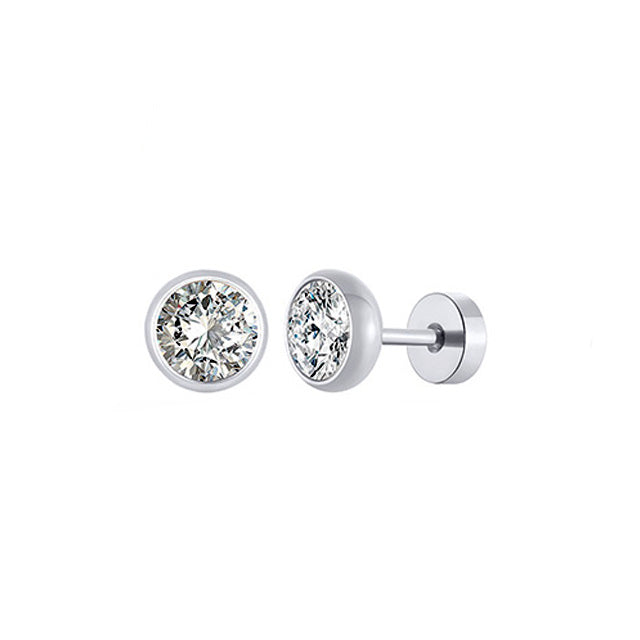 Stainless Steel Round Cubic Zirconia Screw Stud Earrings