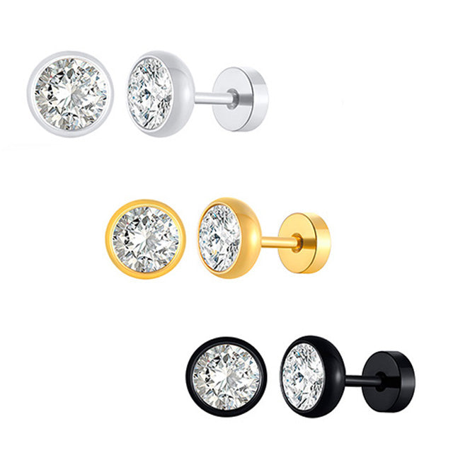 Stainless Steel Round Cubic Zirconia Screw Stud Earrings