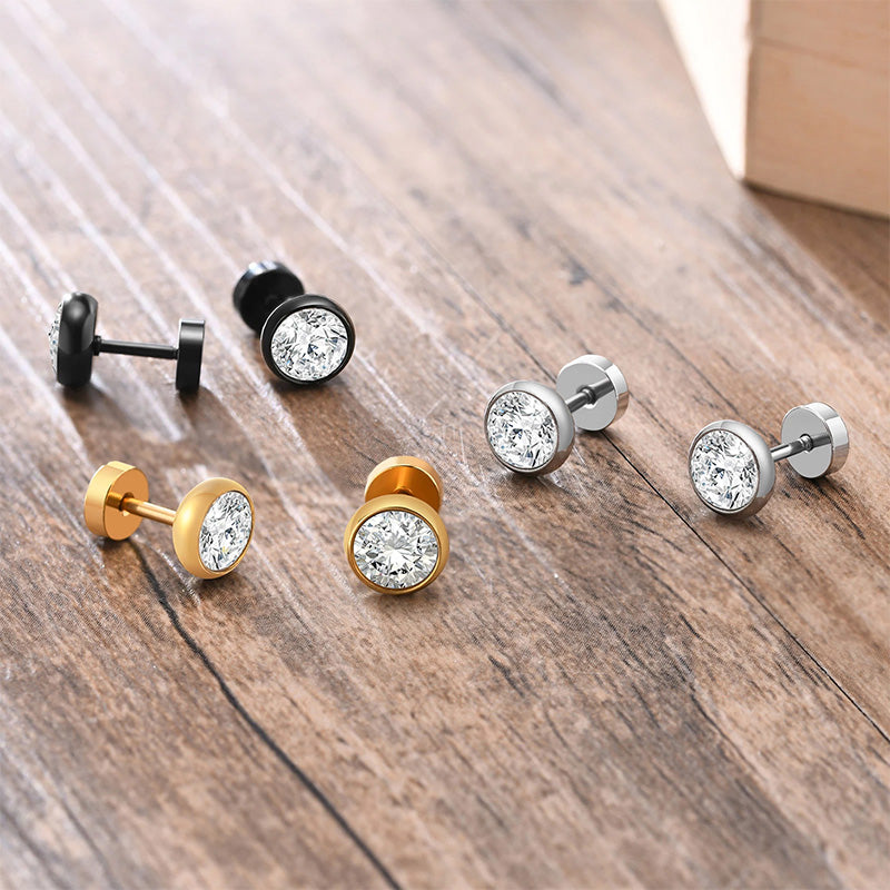 Stainless Steel Round Cubic Zirconia Screw Stud Earrings