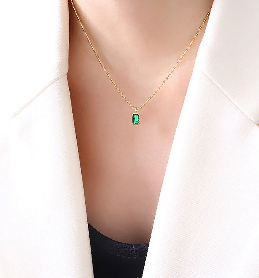Stainless Steel Green Rectangle Beaded Chain Necklace