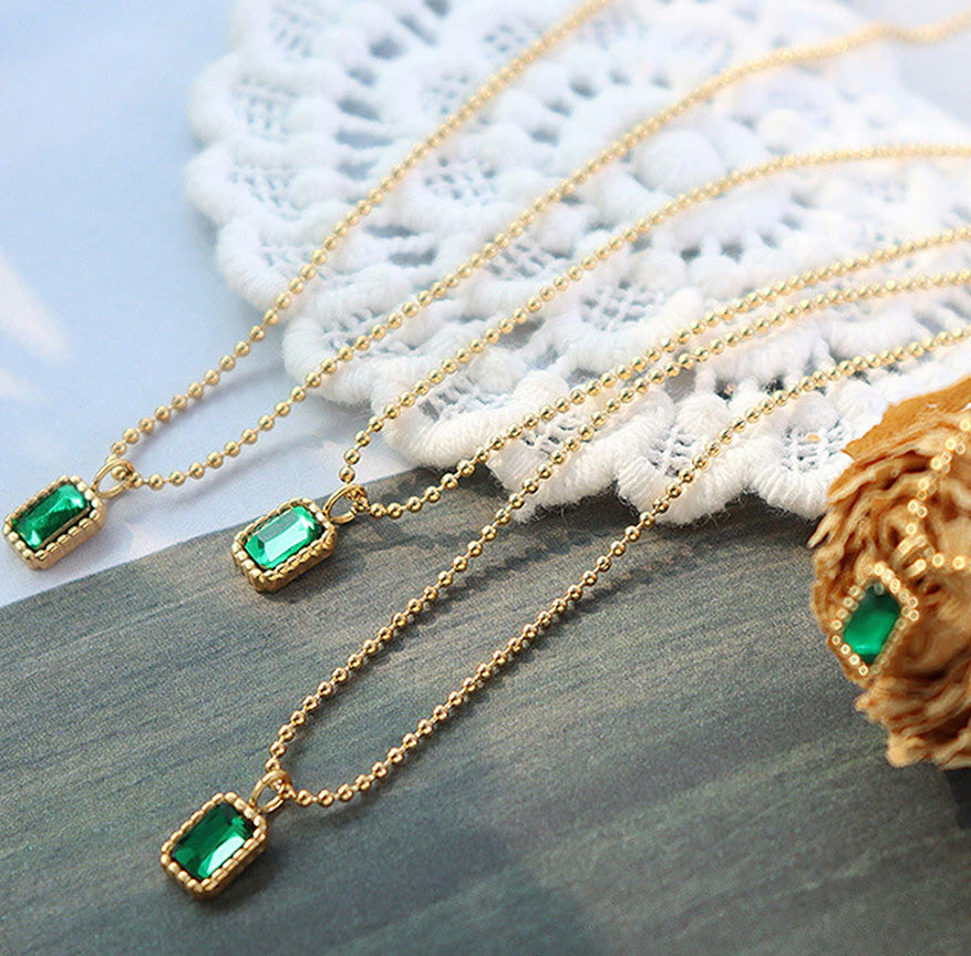 Stainless Steel Green Rectangle Beaded Chain Necklace