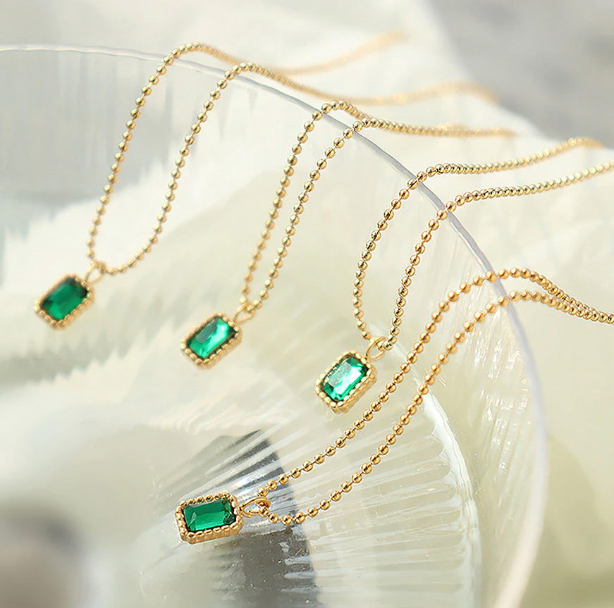Stainless Steel Green Rectangle Beaded Chain Necklace