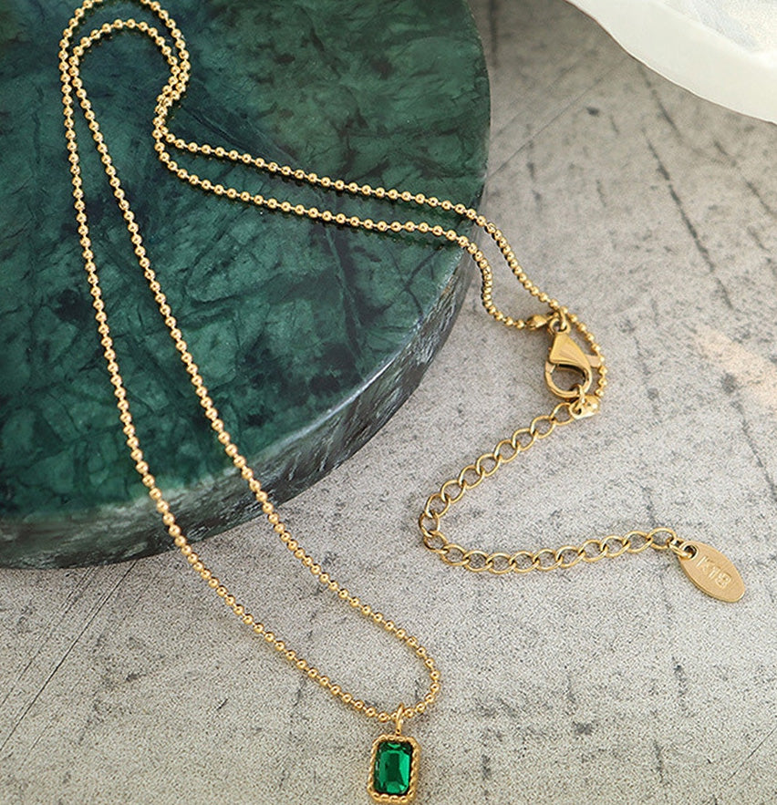 Stainless Steel Green Rectangle Beaded Chain Necklace