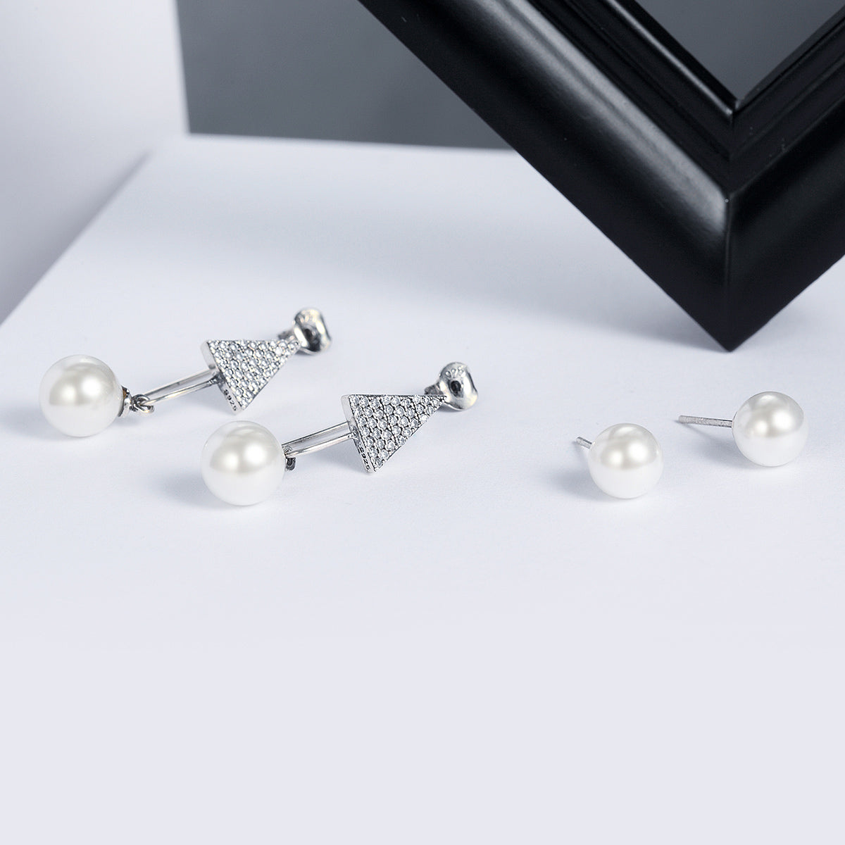 Sterling Silver Geometric Pearl Stud Hypoallergenic Earrings