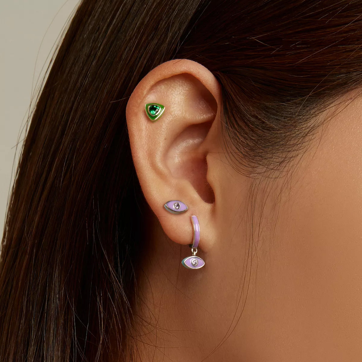 Sterling Silver Demon Eye Art Huggie Hypoallergenic Earrings
