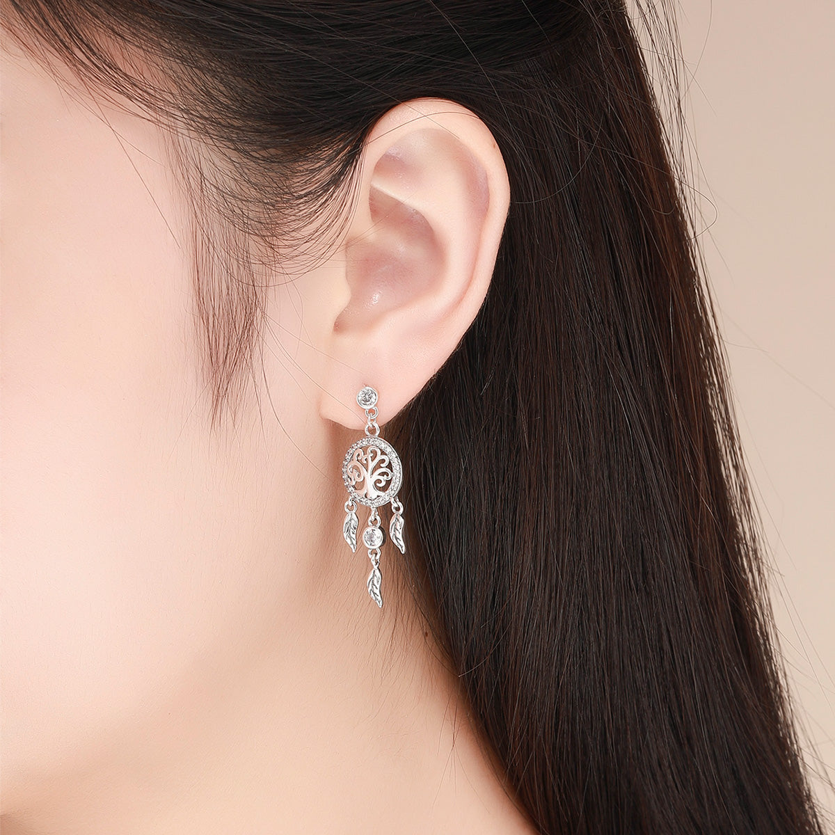 Sterling Silver Shiny Tree of Life Dream Catcher Stud Hypoallergenic Earrings
