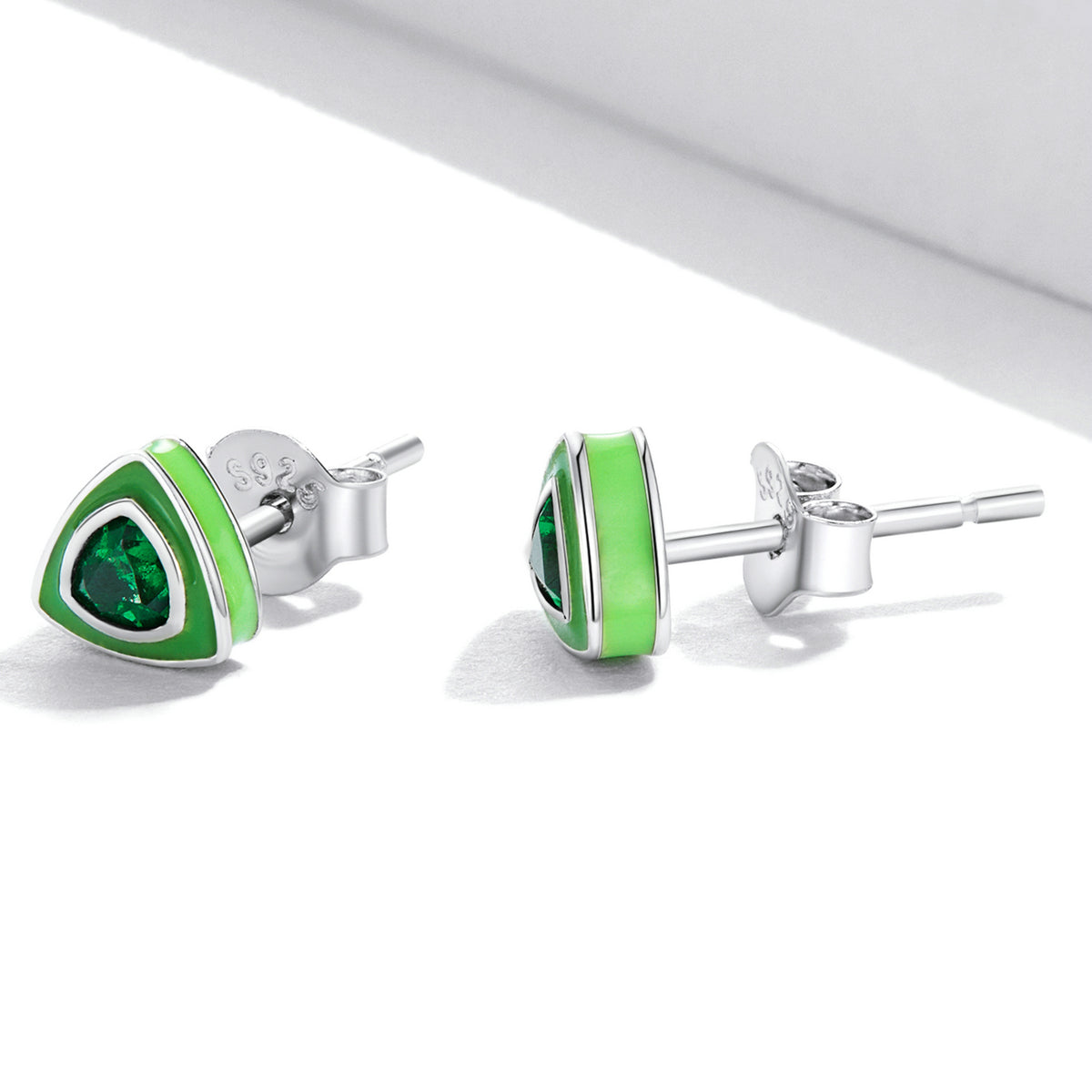 Sterling Silver Green Triangle Stud Hypoallergenic Earrings