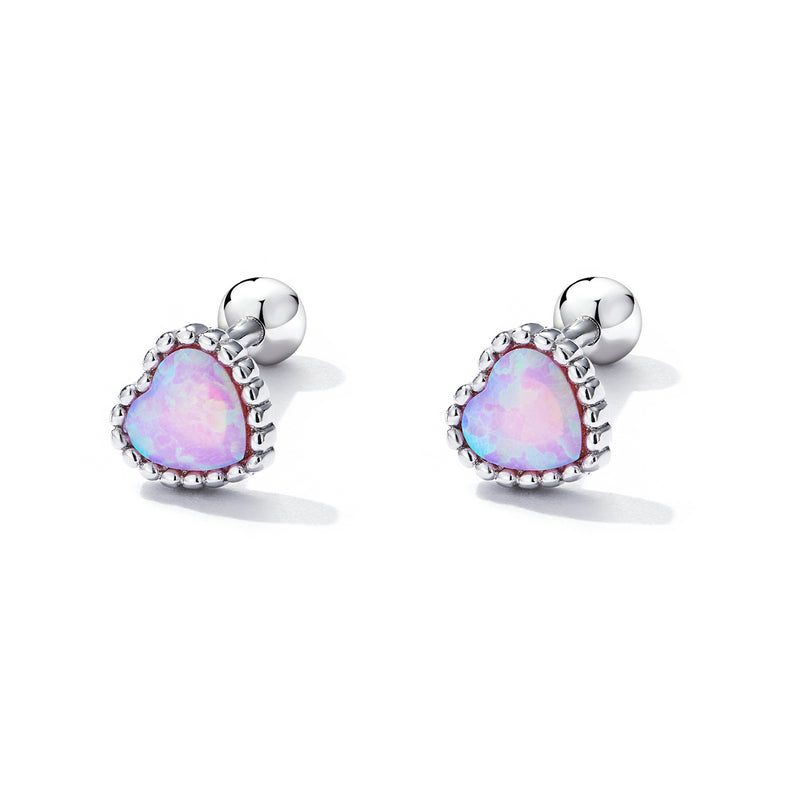 Sterling Silver Pink Opal Heart Screw Stud Hypoallergenic Earrings