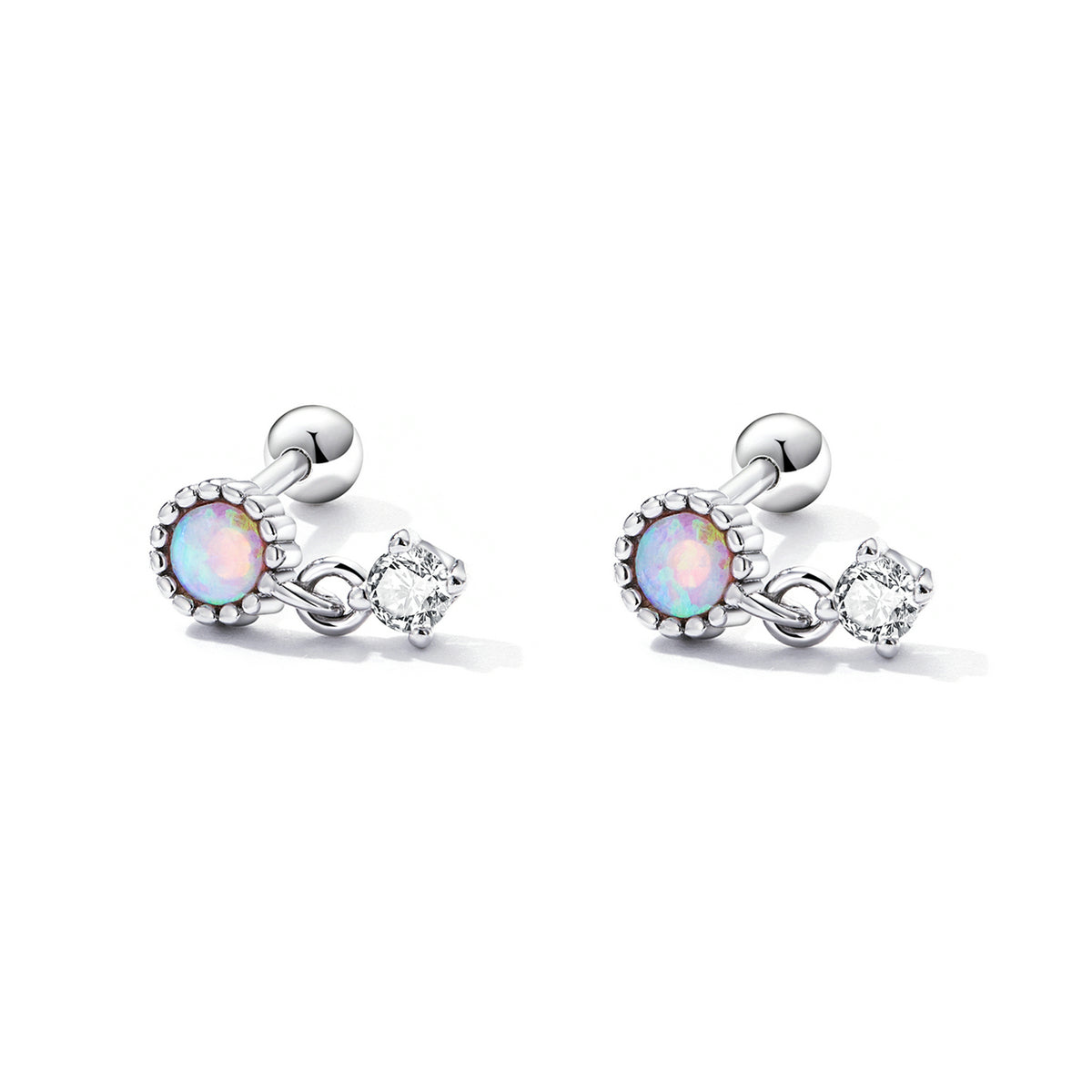 Sterling Silver Opal & Cubic Zirconia Screw Stud Hypoallergenic Earrings