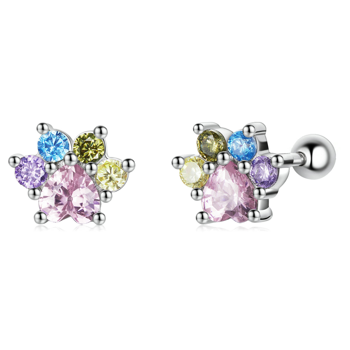 Sterling Silver Colourful Paw Screw Stud Hypoallergenic Earrings