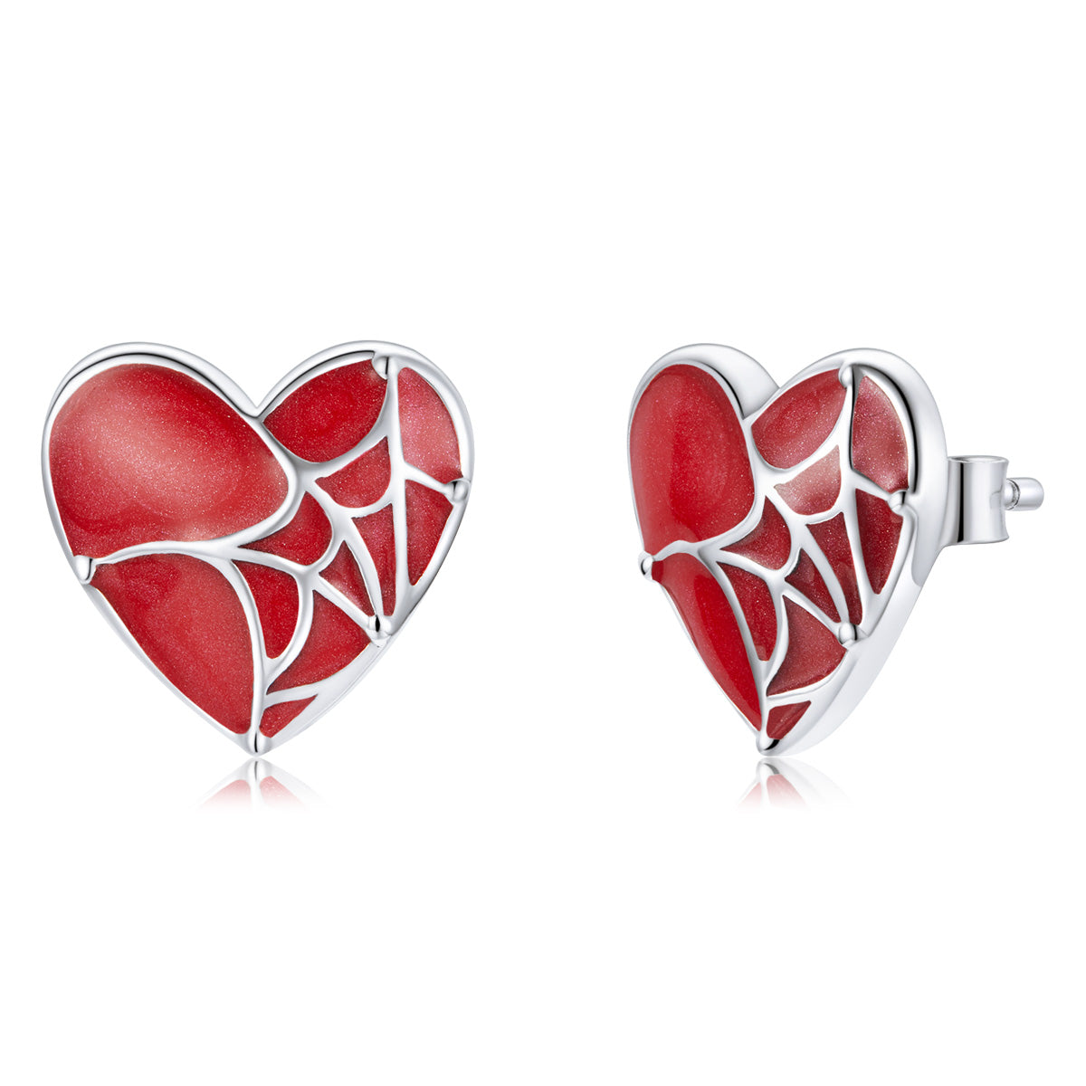 Sterling Silver Cobweb Love Heart Stud Hypoallergenic Earrings