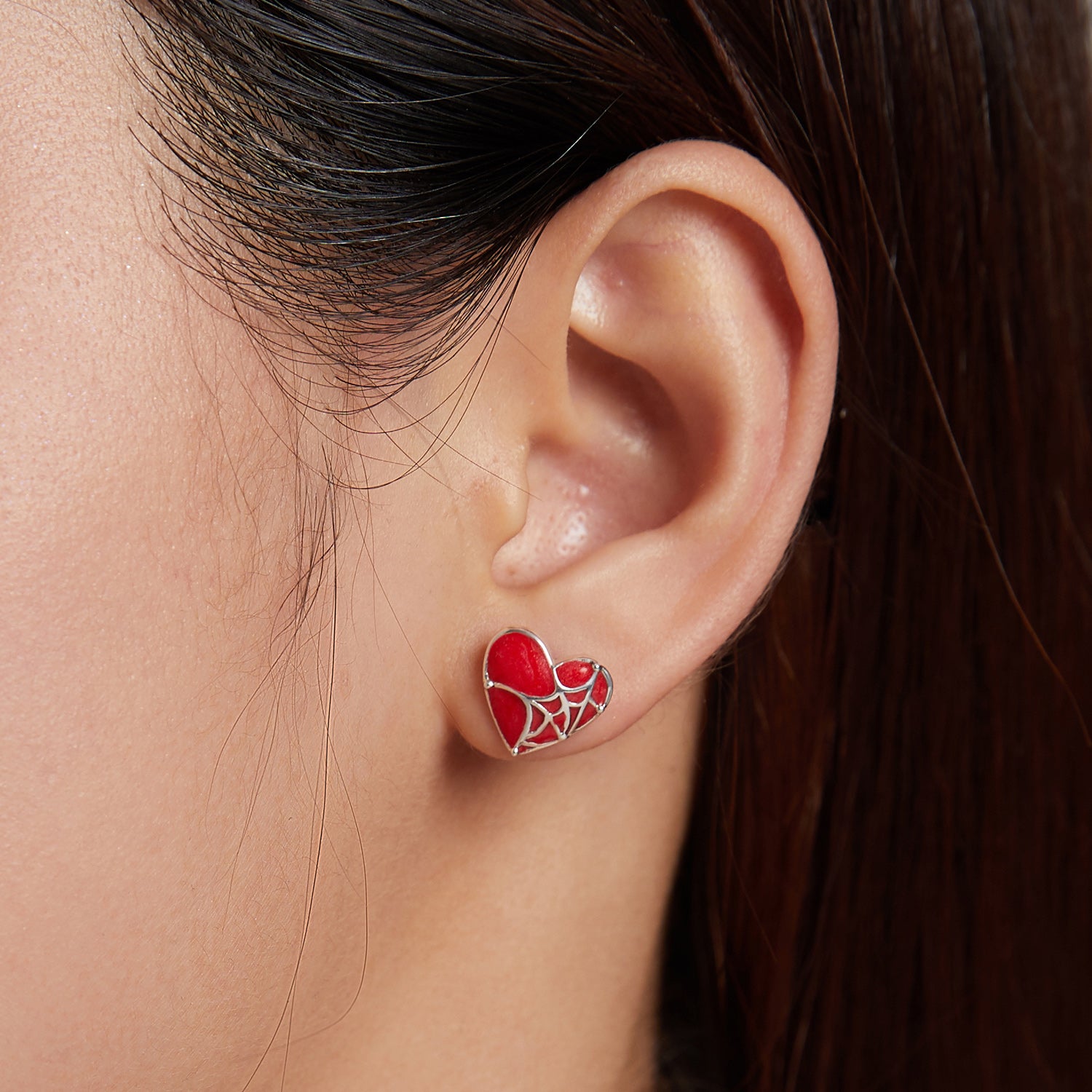 Sterling Silver Cobweb Love Heart Stud Hypoallergenic Earrings