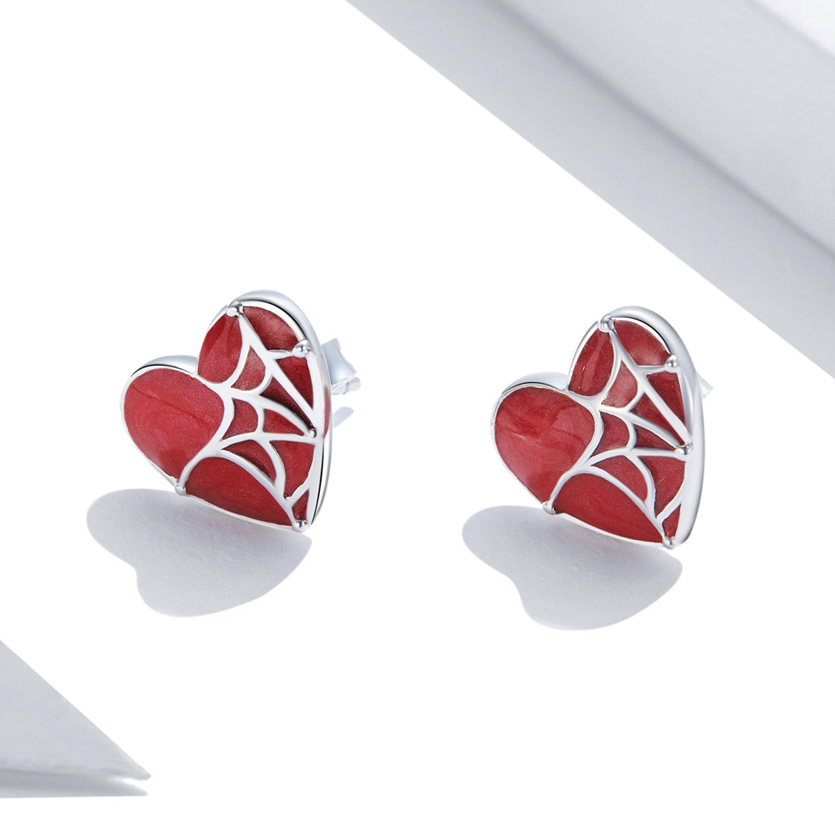 Sterling Silver Cobweb Love Heart Stud Hypoallergenic Earrings